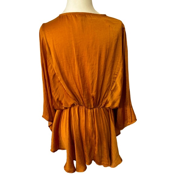 Beautiful Orange Silk Pleated V-Neck Blouse - Picture 2 of 3